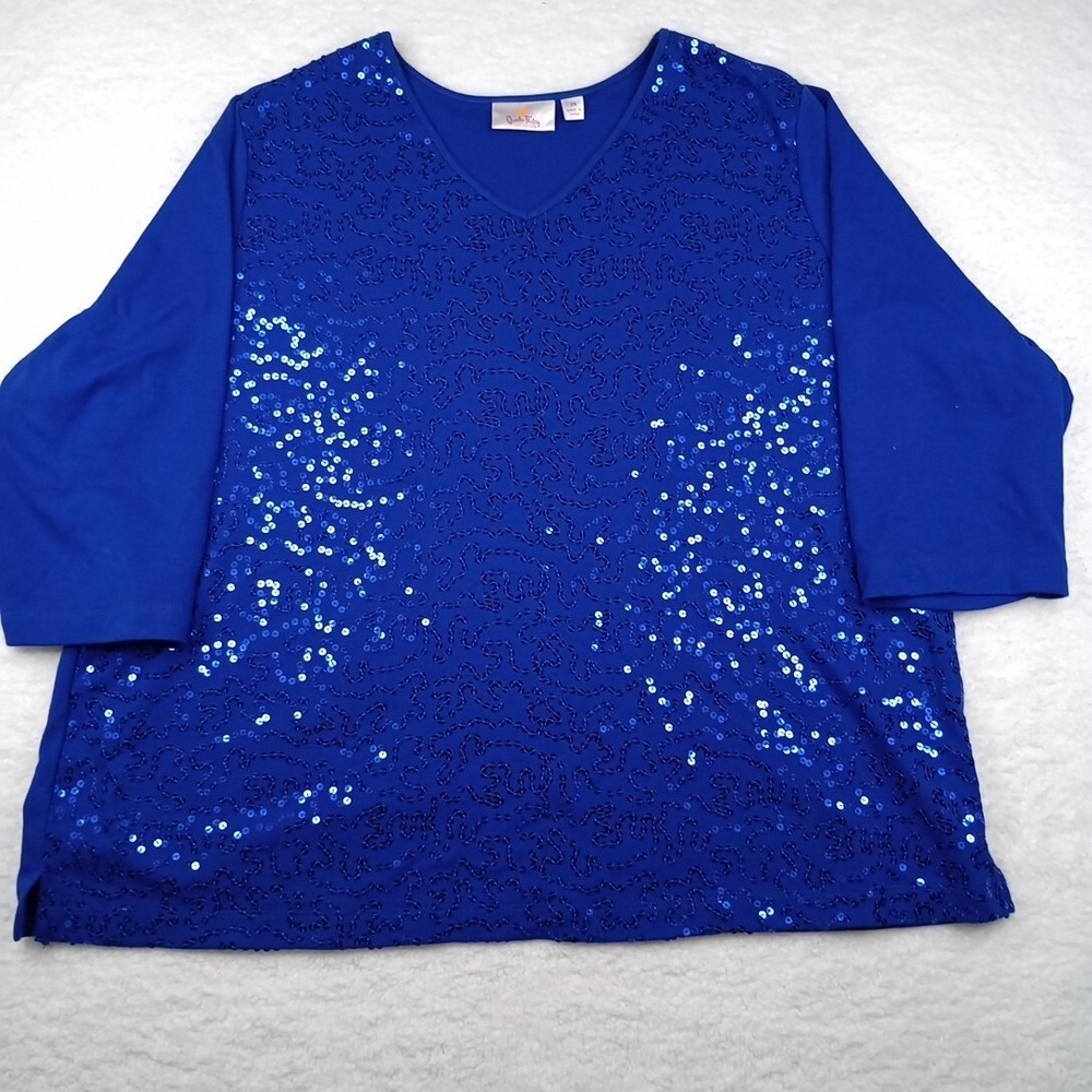 Quacker Factory Womens Royal Blue Circle sequined 100% cotton shirt size 2X